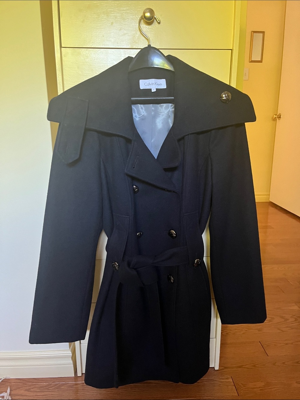 Calvin Klein navy blue Double-Breasted Belted Trench Coat